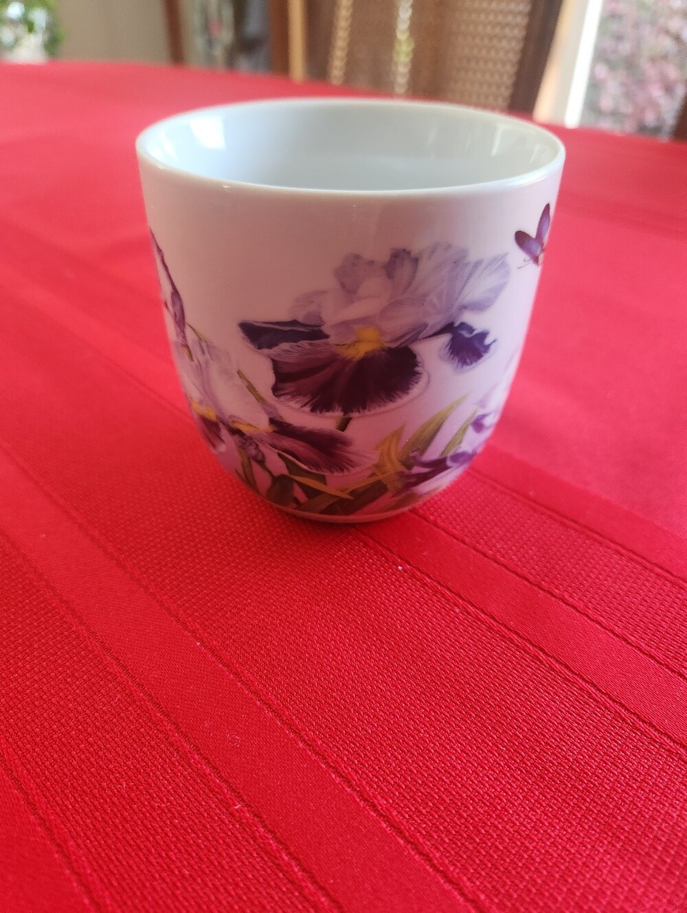 Porcelain Floral Mug in White with Purple Iris Accents